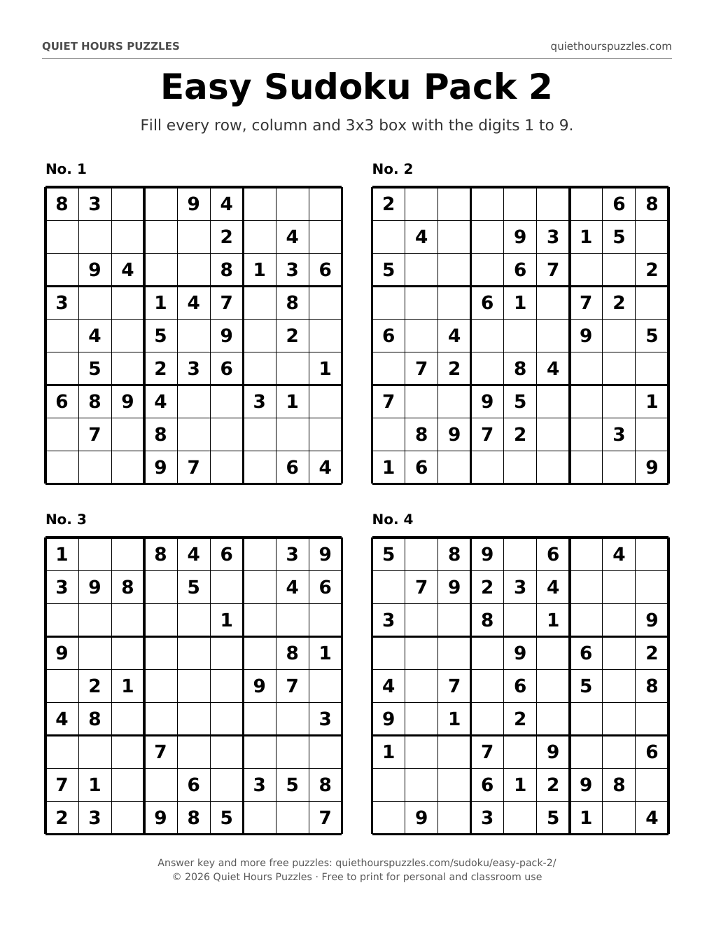 Preview of a page with four easy sudoku puzzles