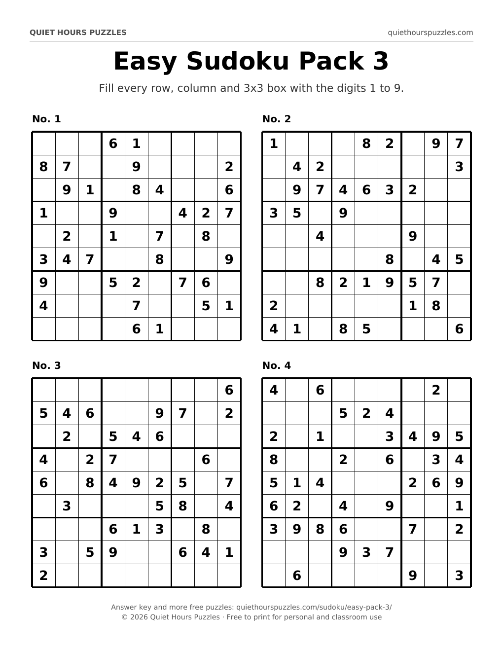 Preview of a page with four easy sudoku puzzles
