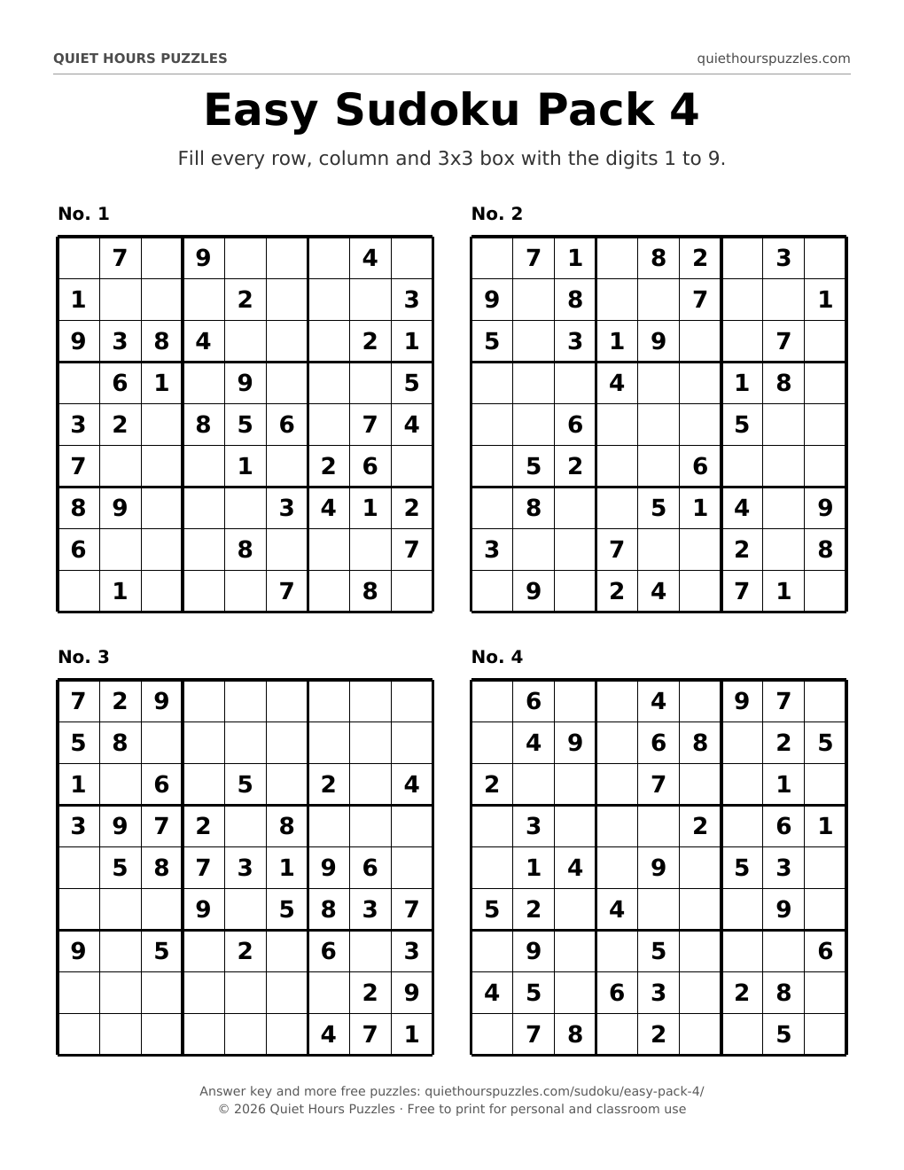 Preview of a page with four easy sudoku puzzles
