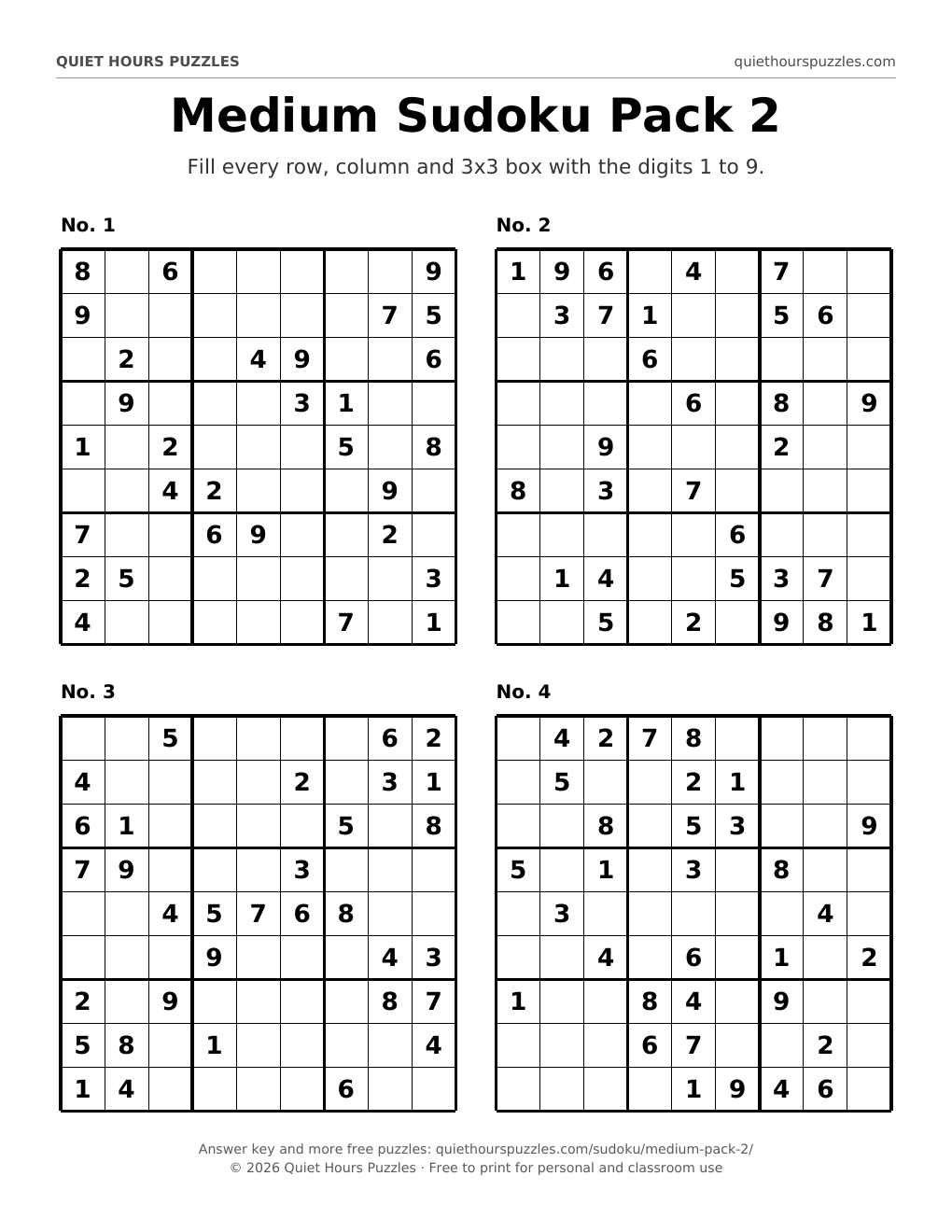 Preview of a page with four medium sudoku puzzles
