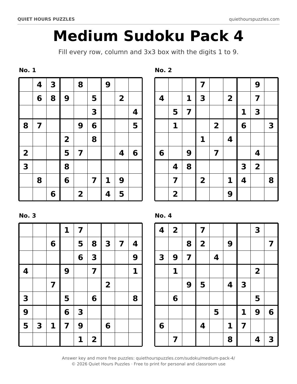 Preview of a page with four medium sudoku puzzles
