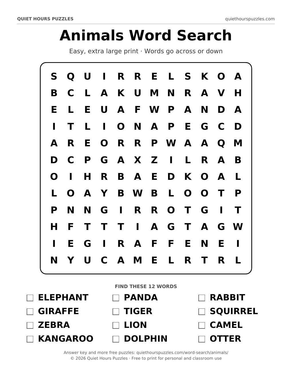 Preview of the easy animals word search page