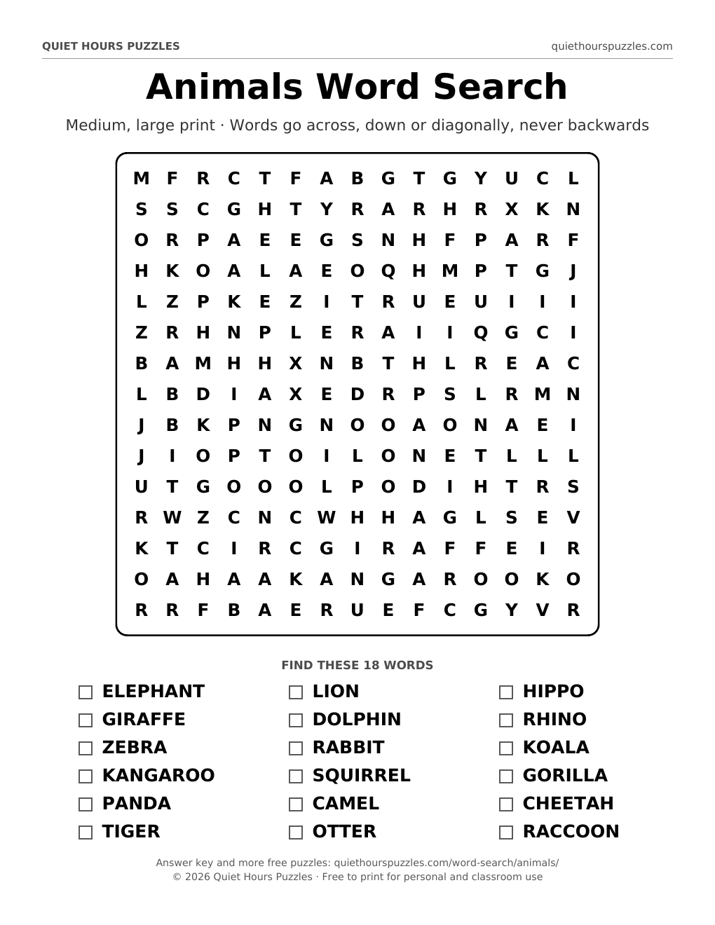 Preview of the medium animals word search page
