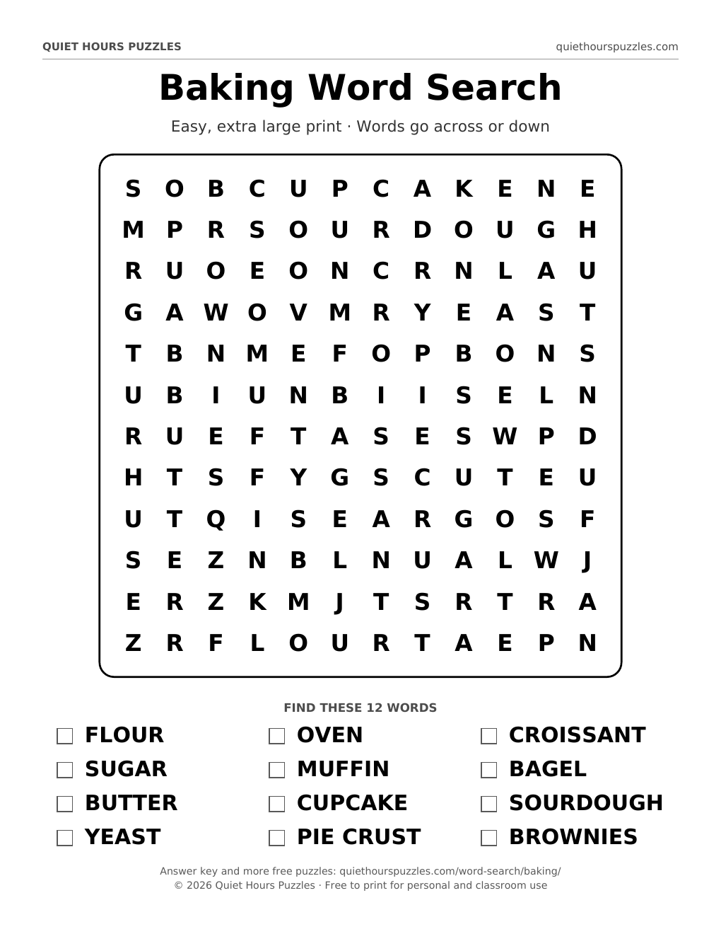 Preview of the easy baking word search page