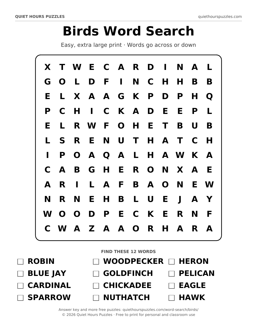 Preview of the easy birds word search page