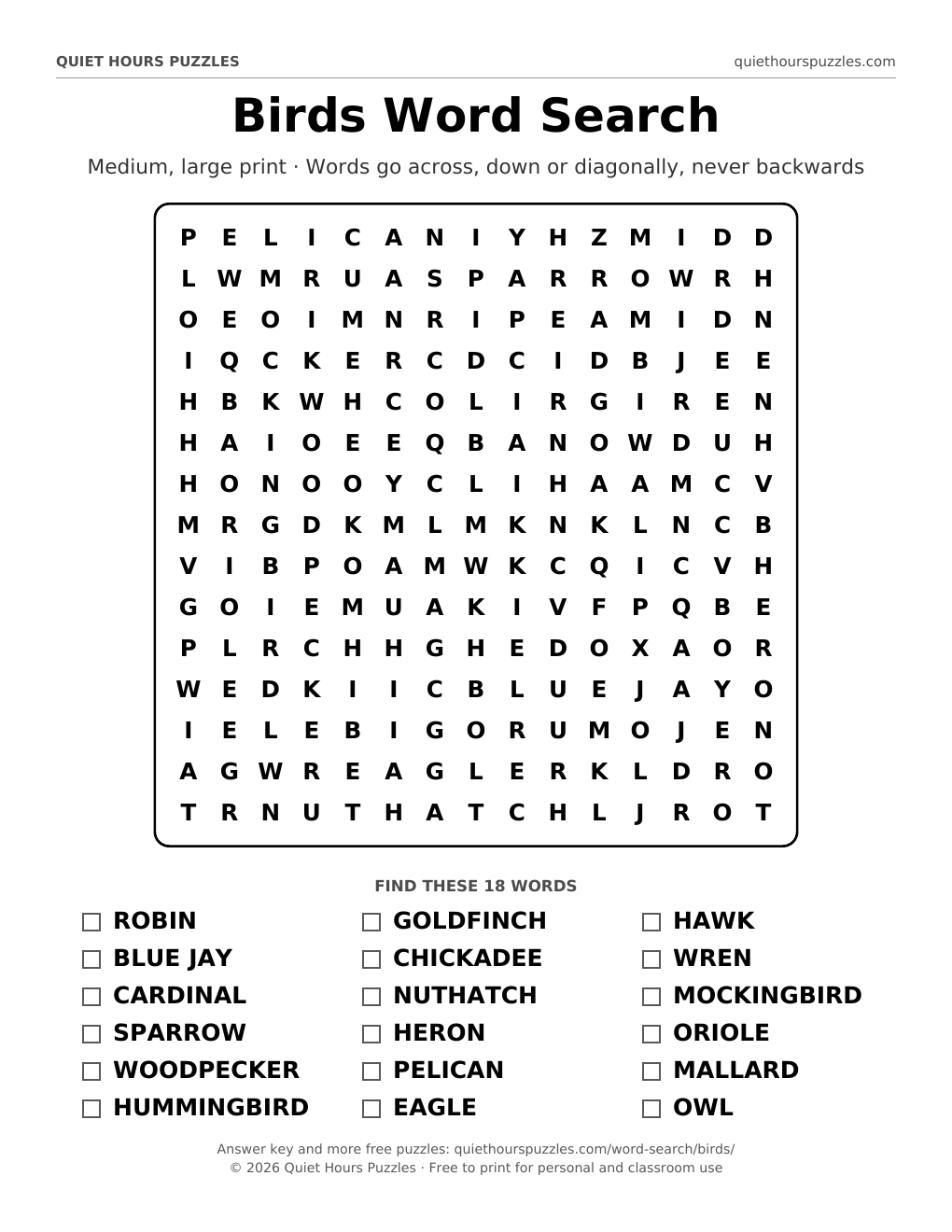 Preview of the medium birds word search page