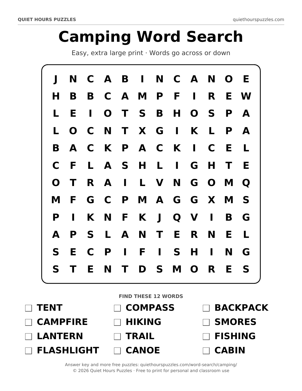 Preview of the easy camping word search page