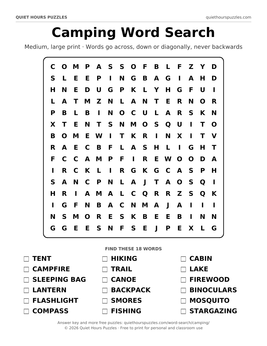 Preview of the medium camping word search page