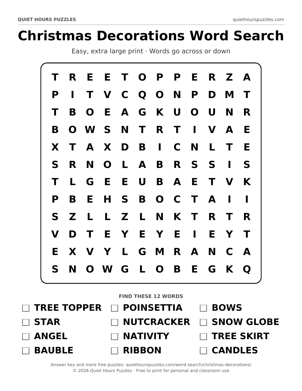 Preview of the easy christmas decorations word search page