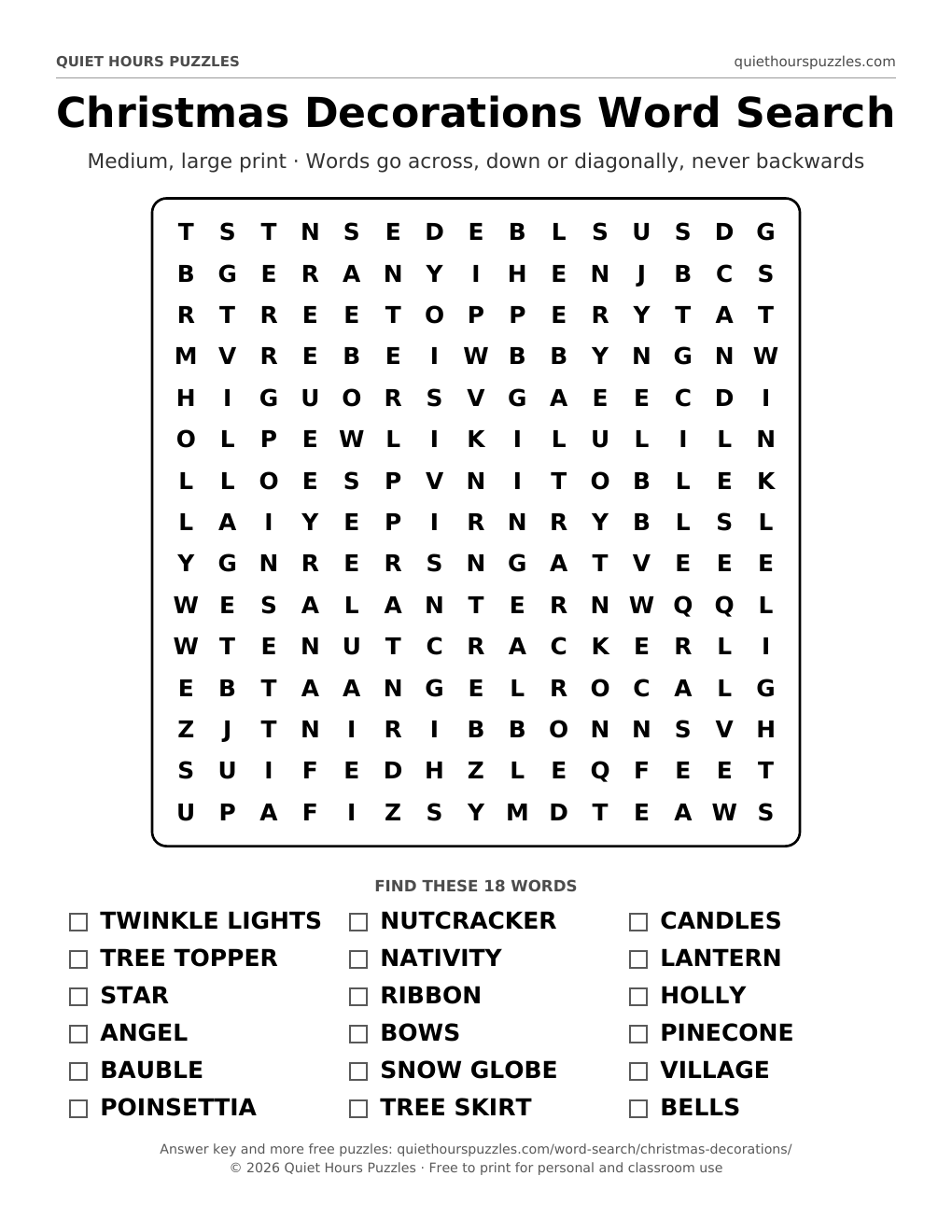 Preview of the medium christmas decorations word search page