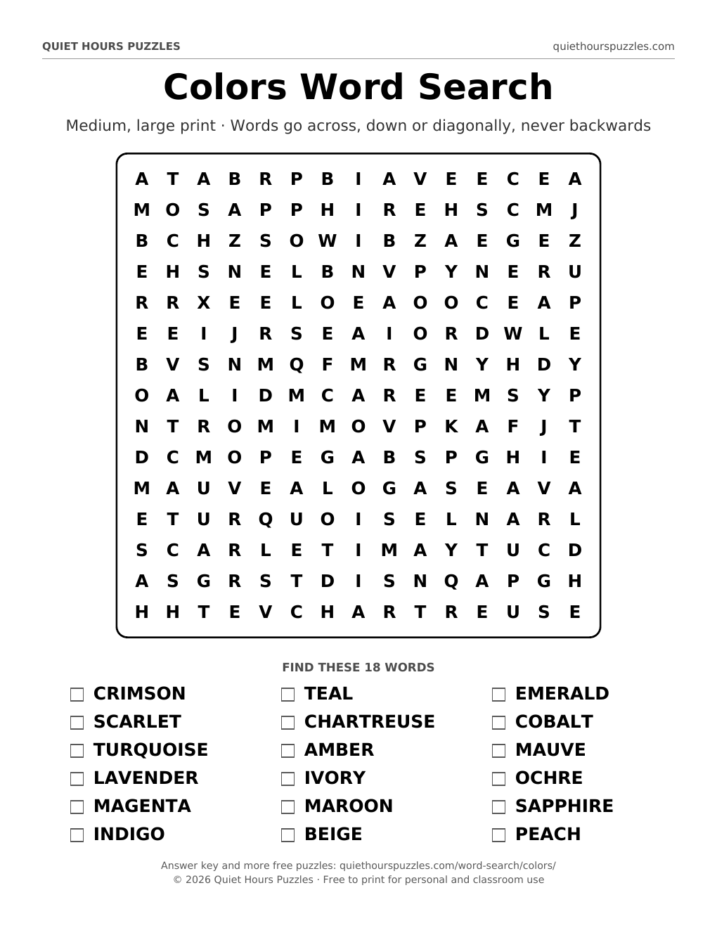 Preview of the medium colors word search page