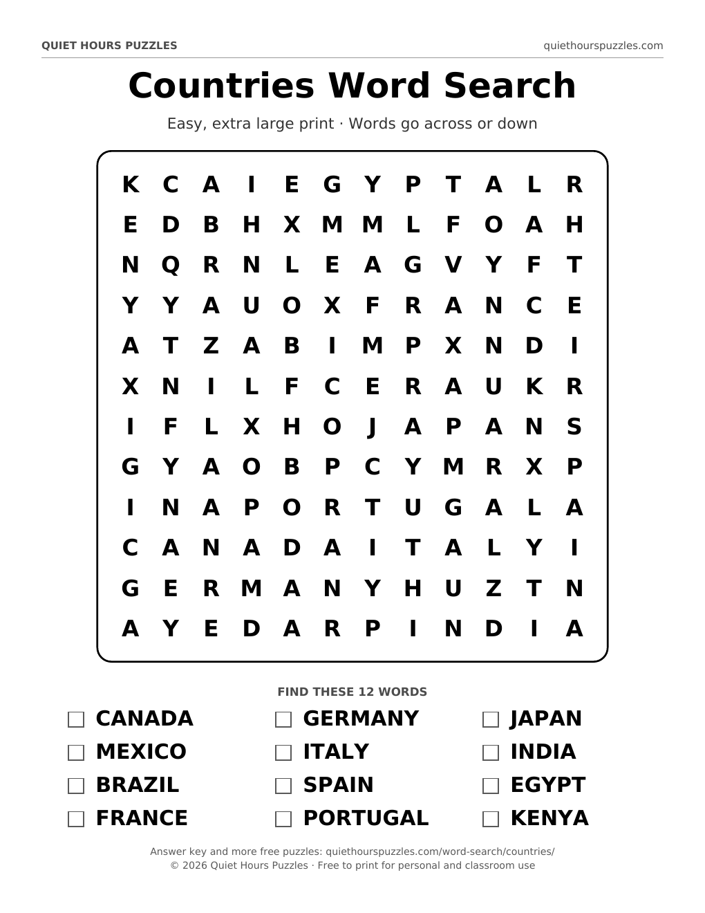 Preview of the easy countries word search page