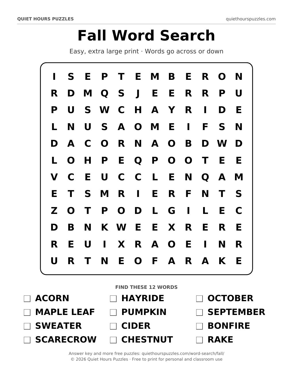 Preview of the easy fall word search page