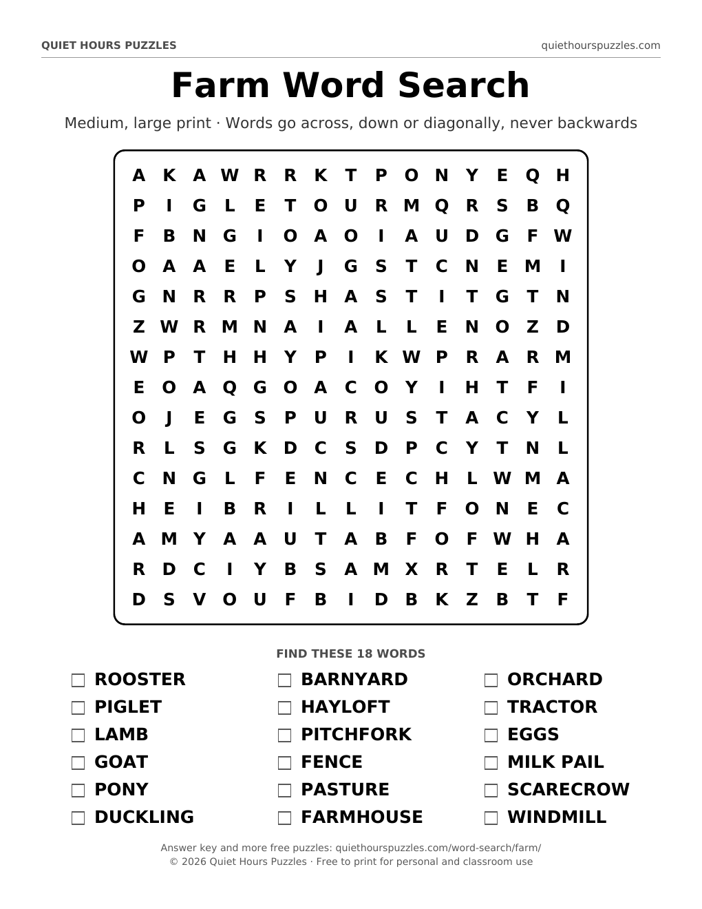 Preview of the medium farm word search page