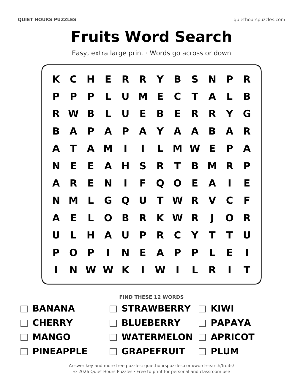 Preview of the easy fruits word search page