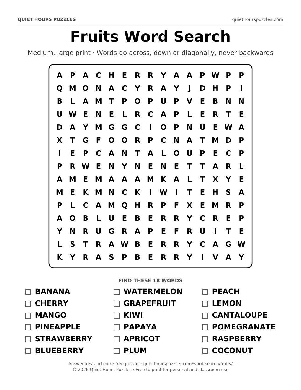 Preview of the medium fruits word search page