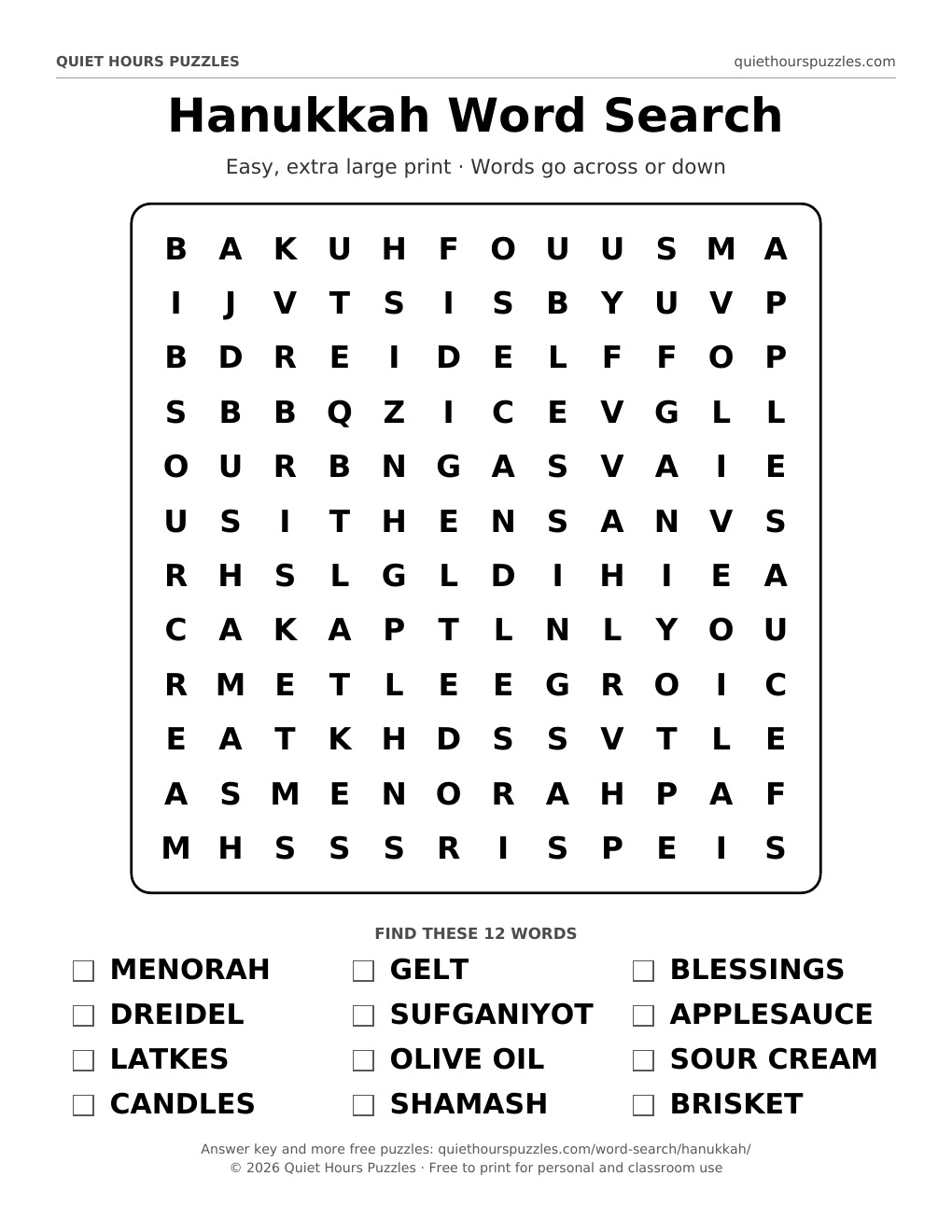Preview of the easy hanukkah word search page