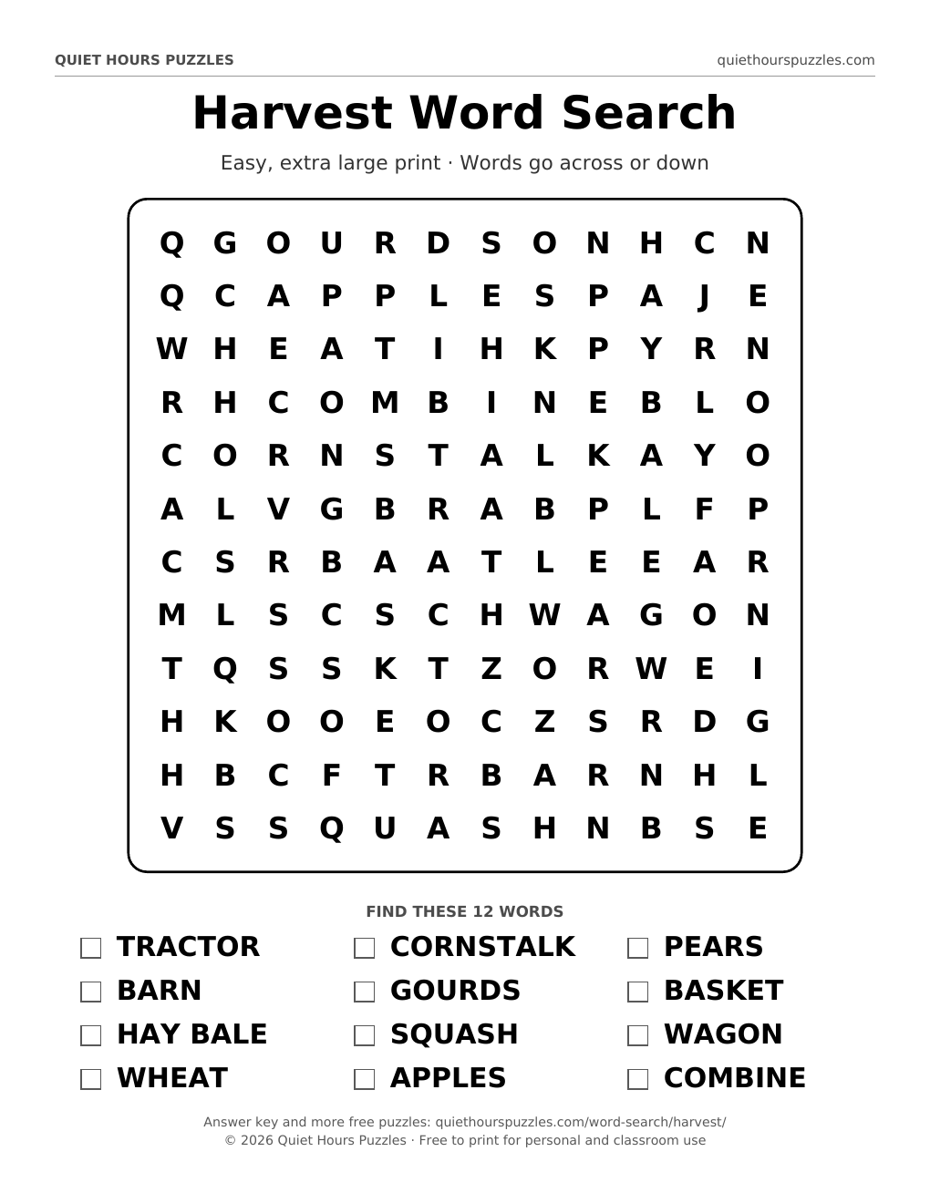 Preview of the easy harvest word search page