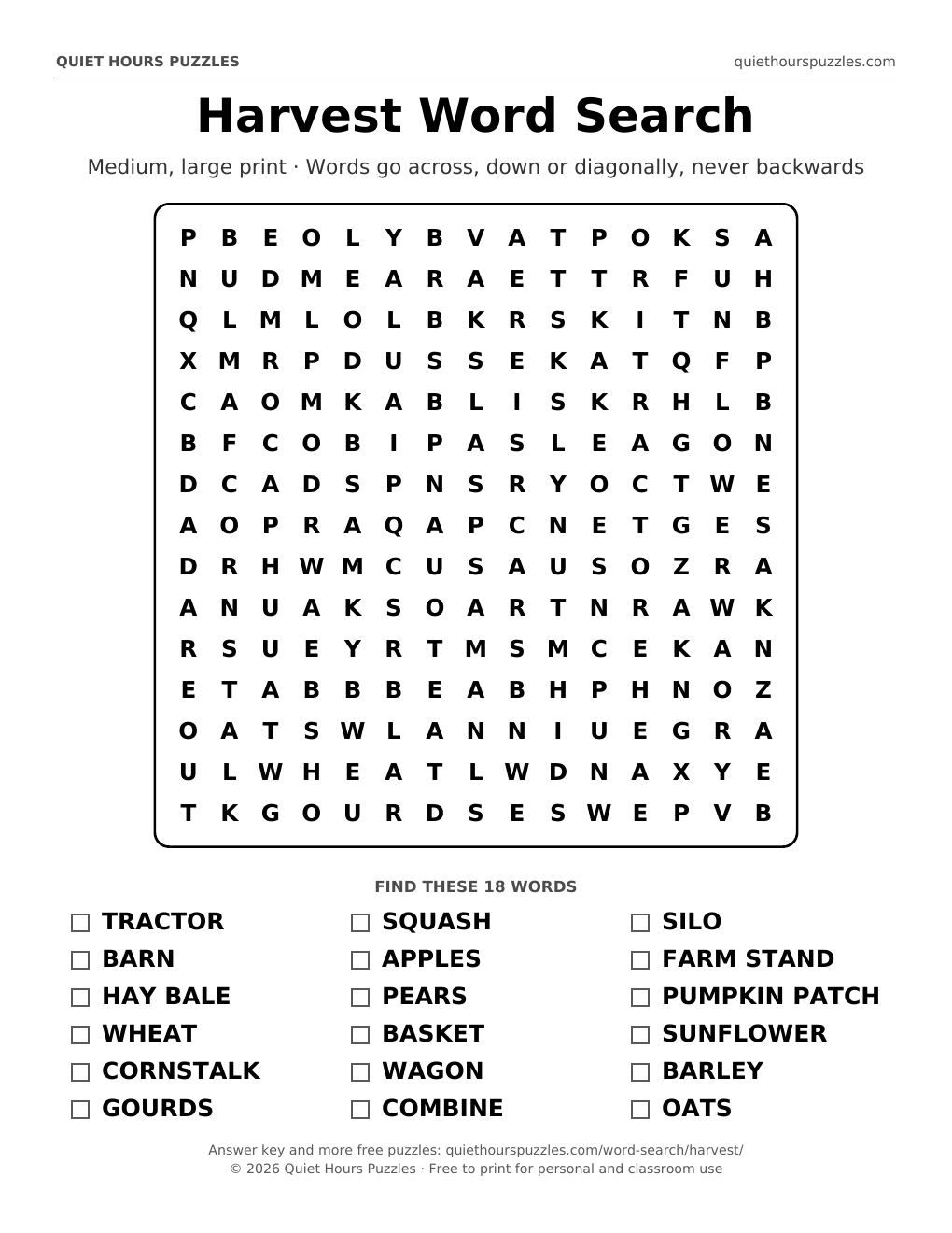 Preview of the medium harvest word search page