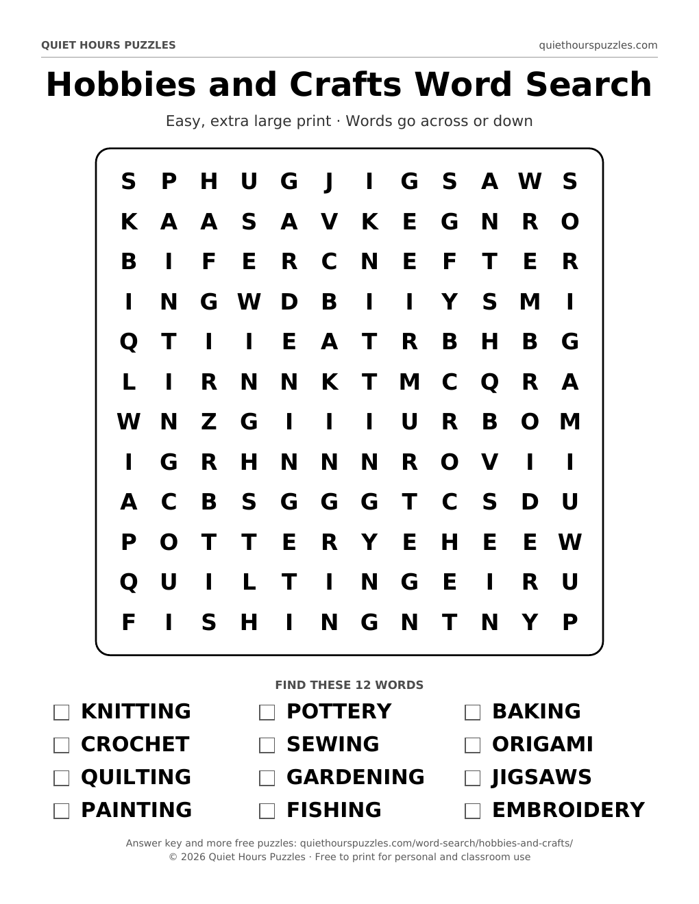 Preview of the easy hobbies and crafts word search page