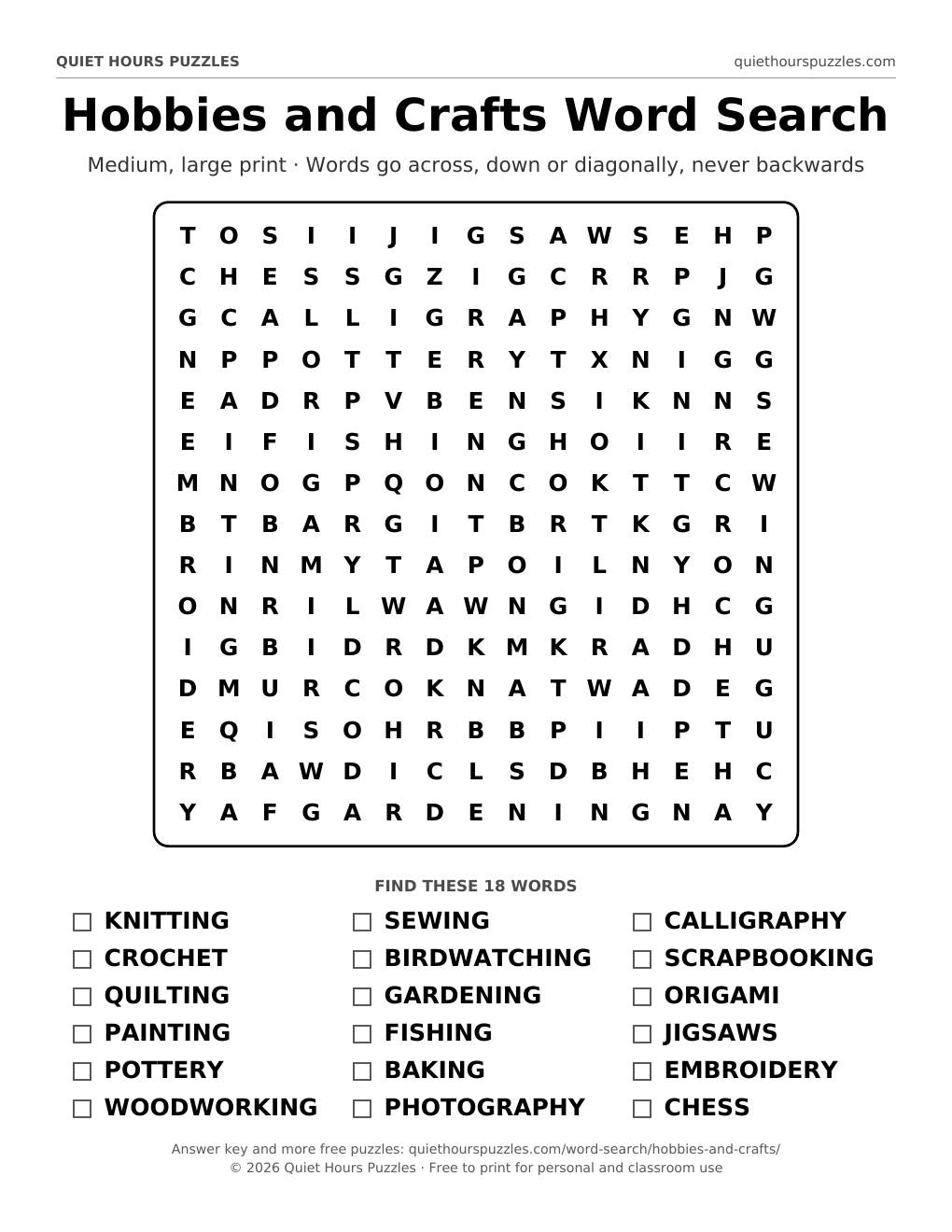 Preview of the medium hobbies and crafts word search page