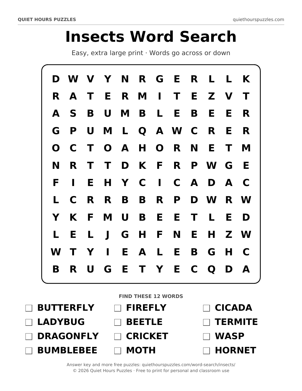 Preview of the easy insects word search page