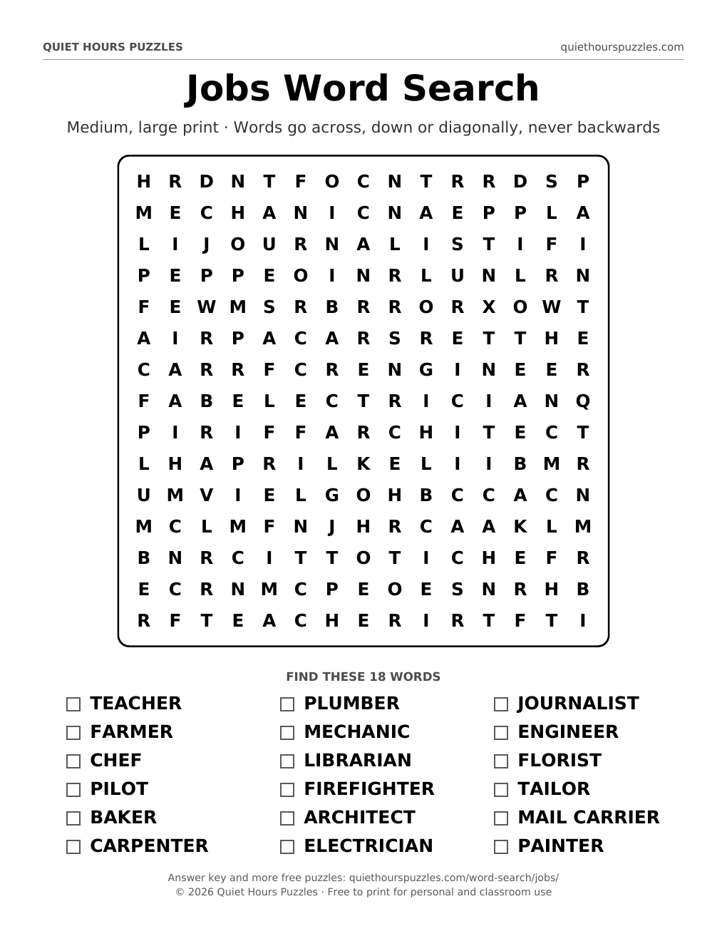 Preview of the medium jobs word search page