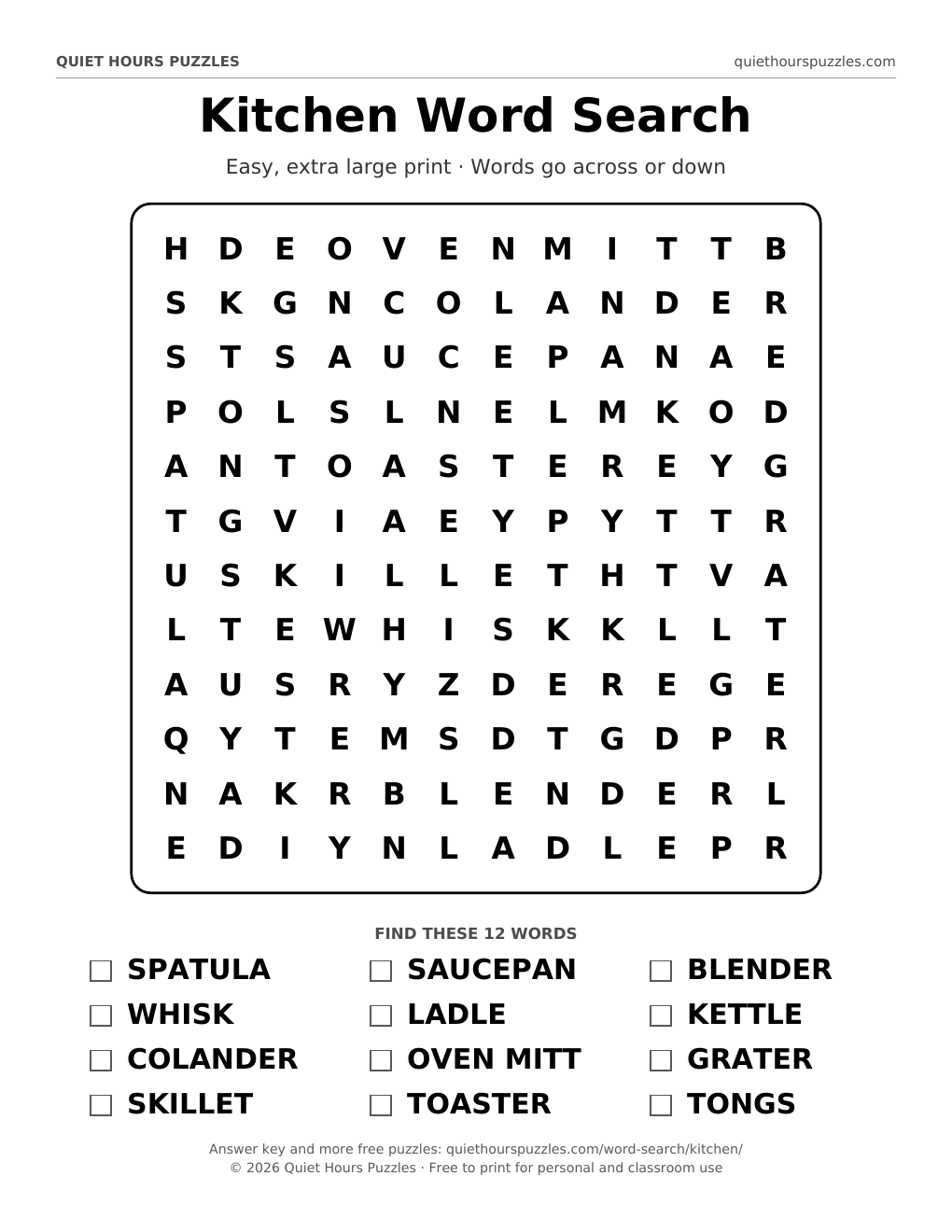 Preview of the easy kitchen word search page