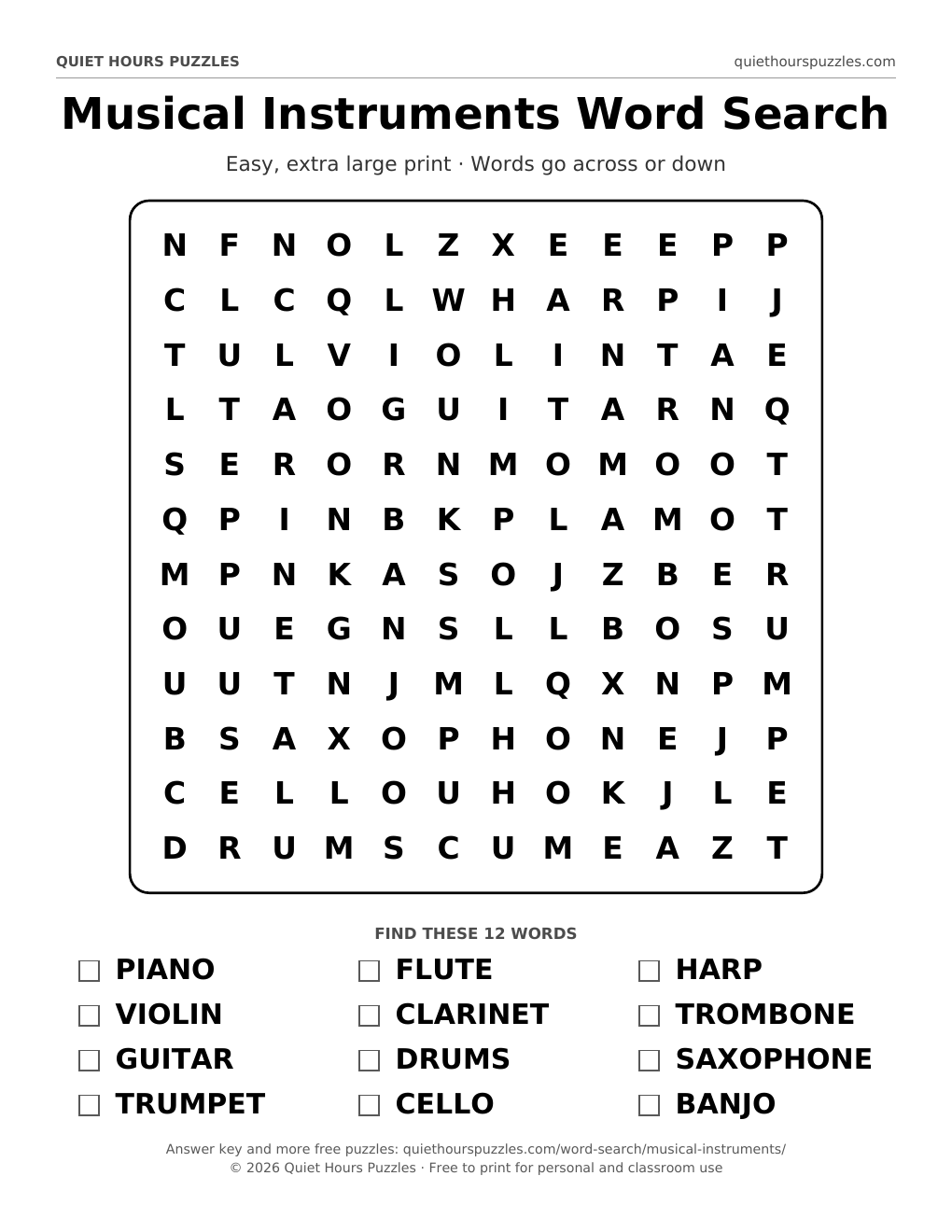 Preview of the easy musical instruments word search page