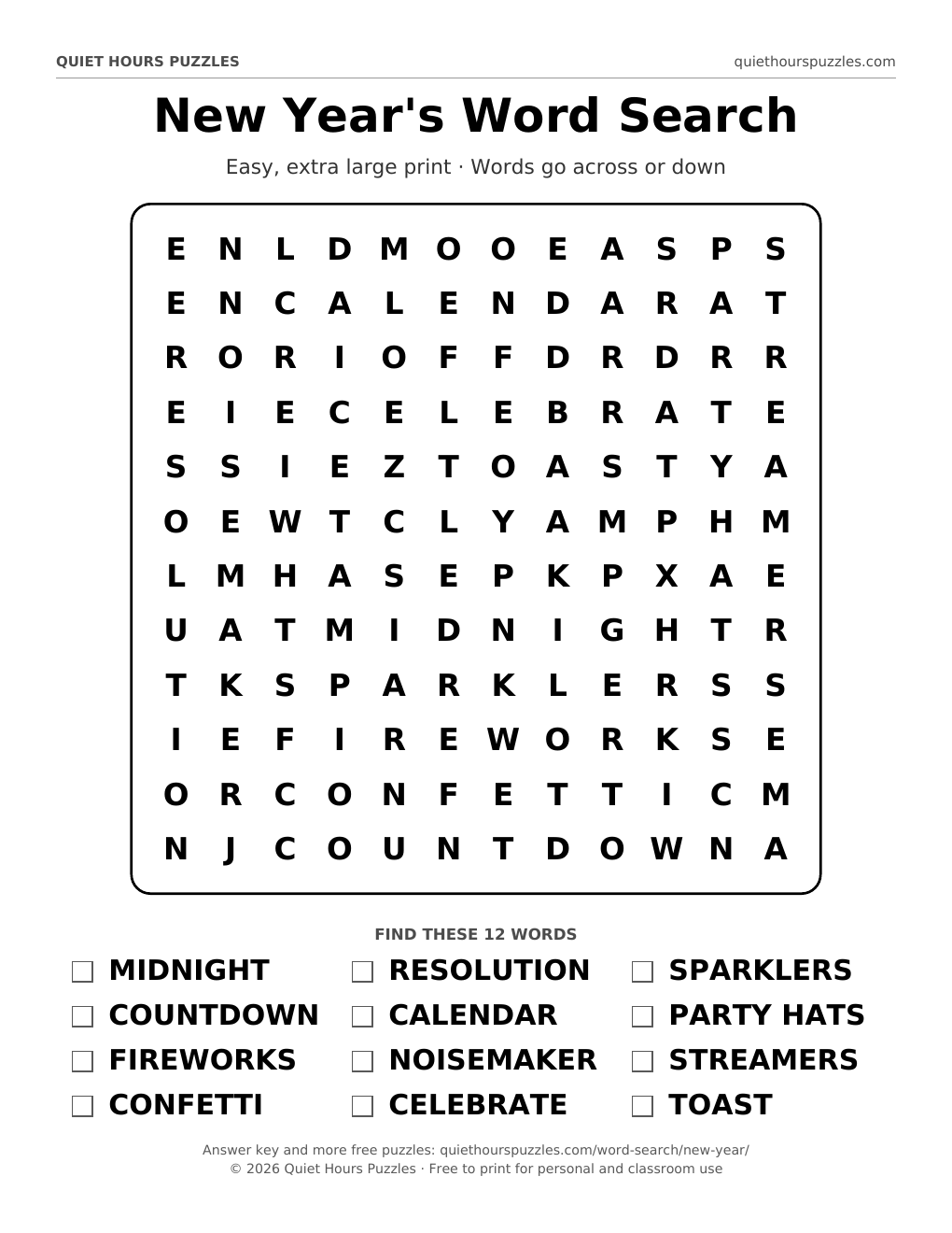 Preview of the easy new year's word search page