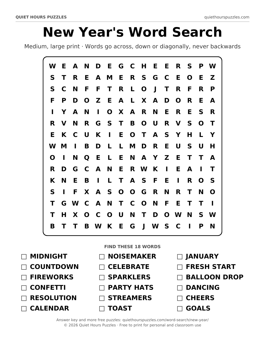 Preview of the medium new year's word search page
