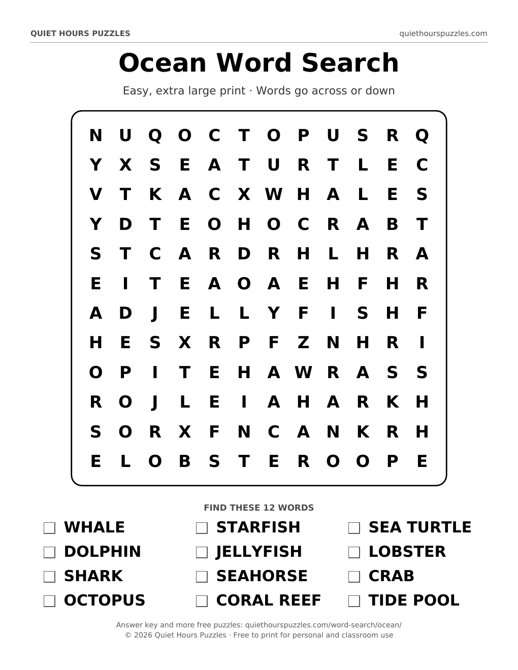 Preview of the easy ocean word search page