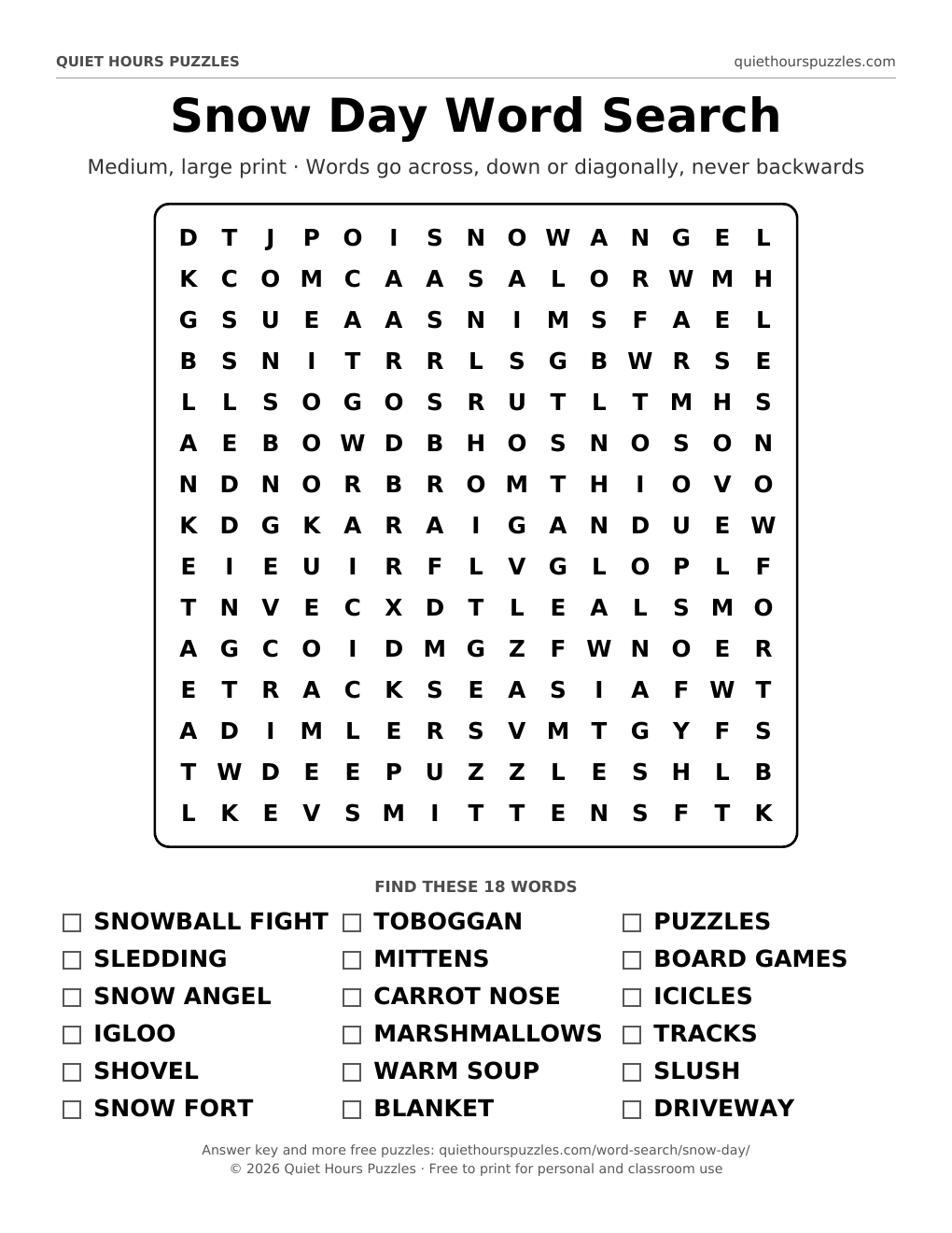 Preview of the medium snow day word search page