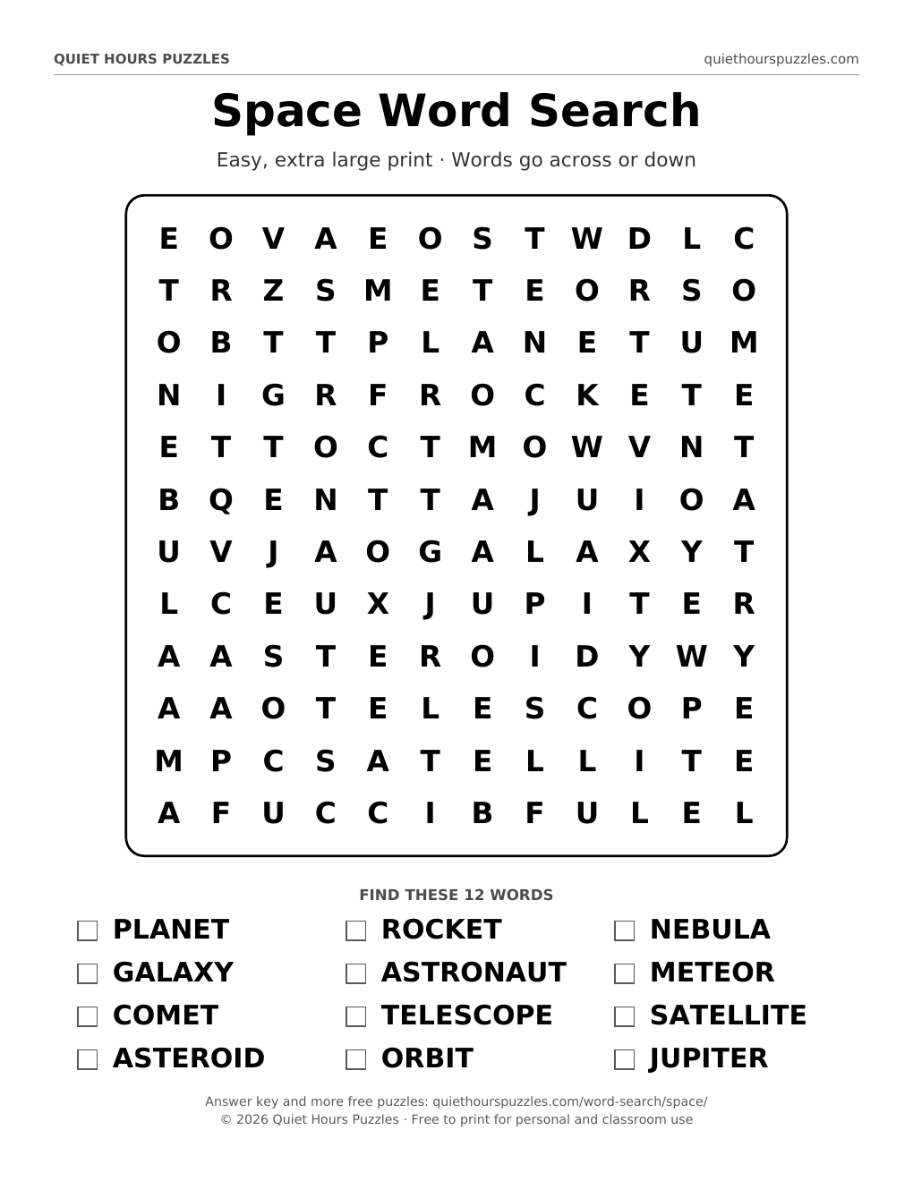 Preview of the easy space word search page