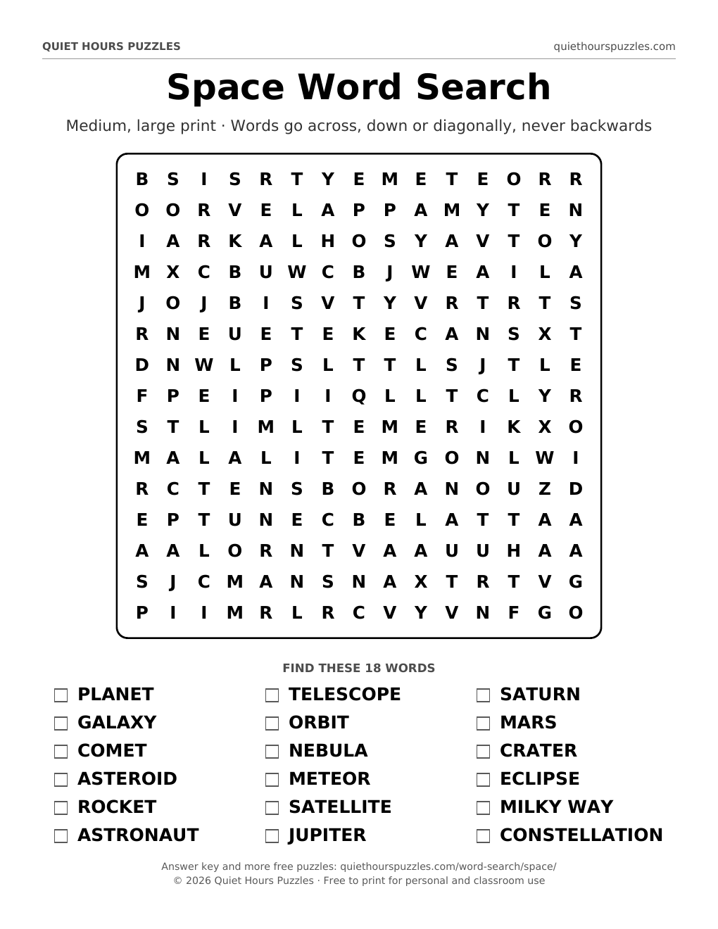 Preview of the medium space word search page
