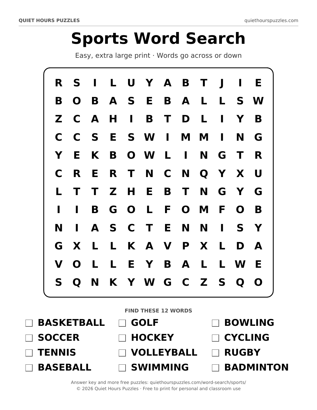 Preview of the easy sports word search page