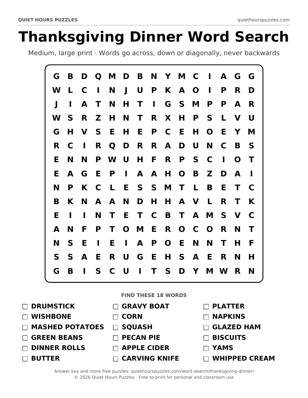 Preview of the medium thanksgiving dinner word search page