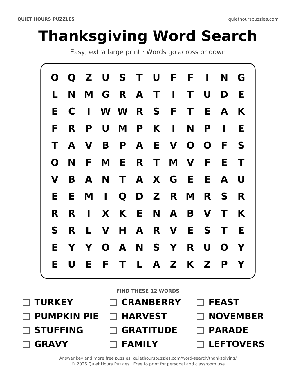 Preview of the easy thanksgiving word search page