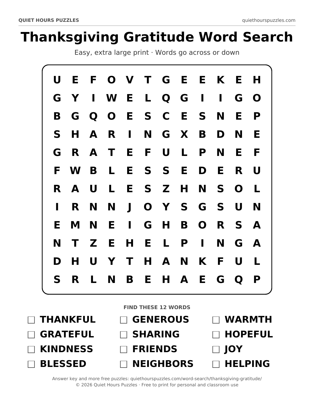 Preview of the easy thanksgiving gratitude word search page