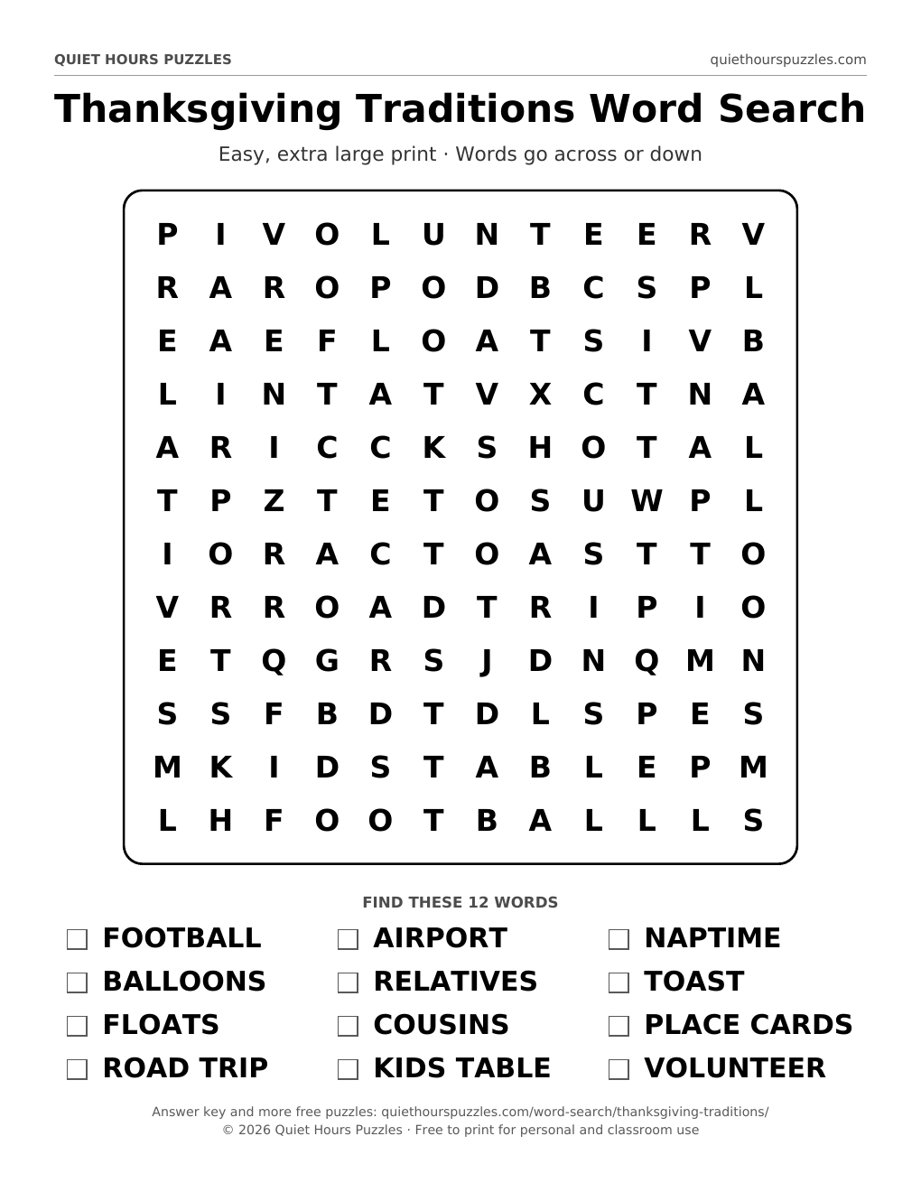 Preview of the easy thanksgiving traditions word search page