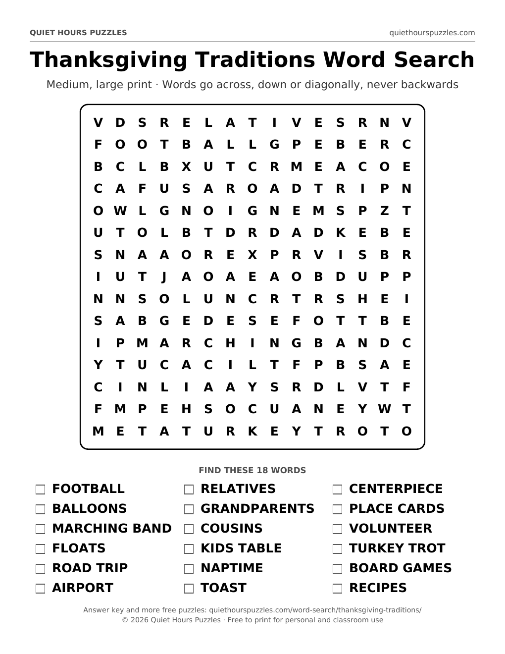Preview of the medium thanksgiving traditions word search page