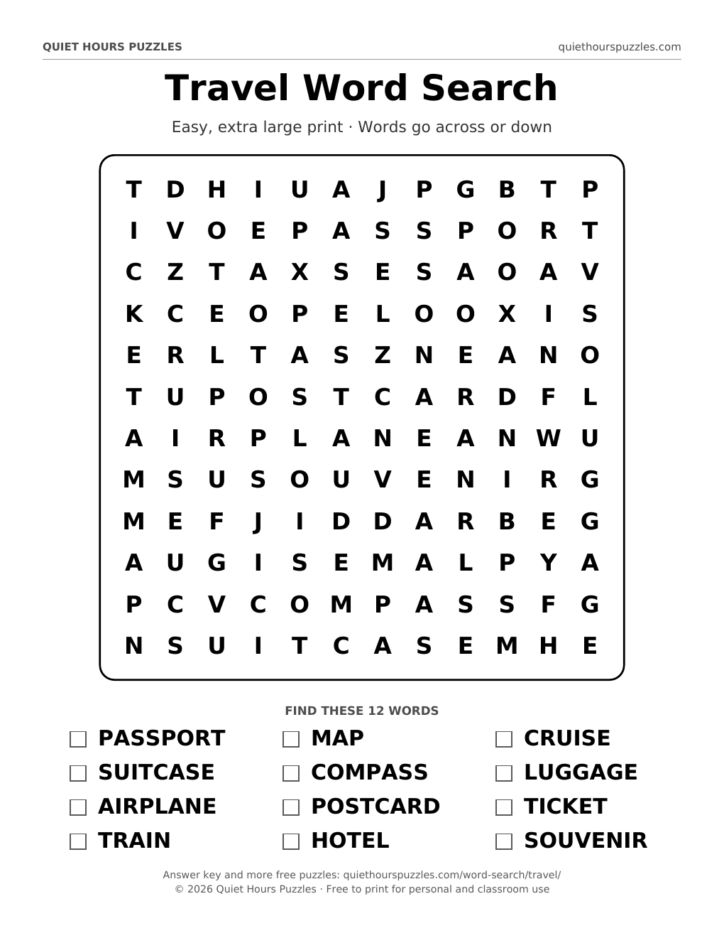 Preview of the easy travel word search page