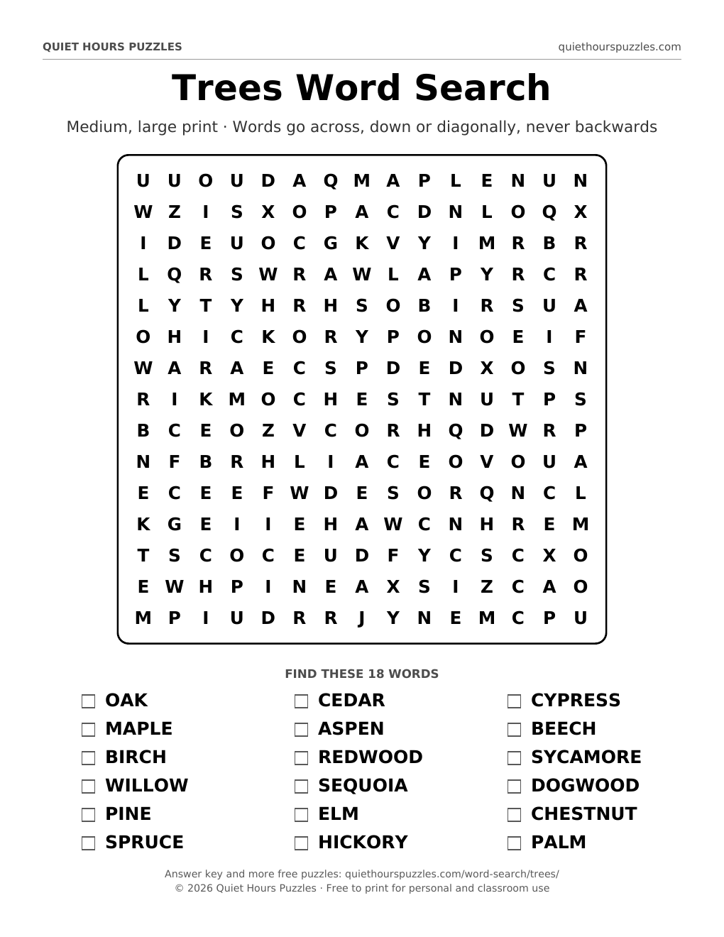 Preview of the medium trees word search page