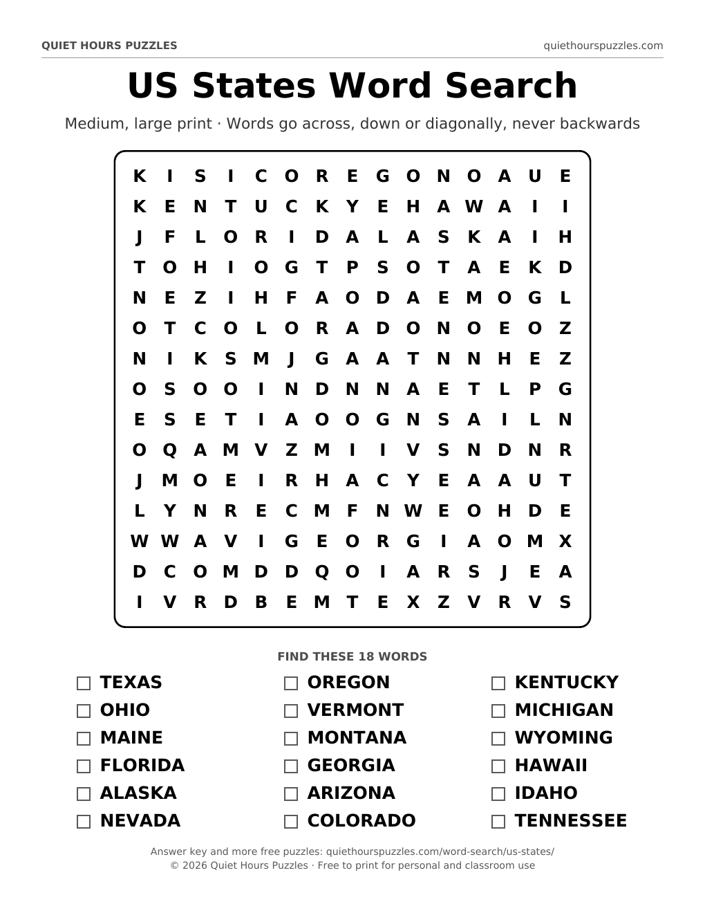 Preview of the medium us states word search page