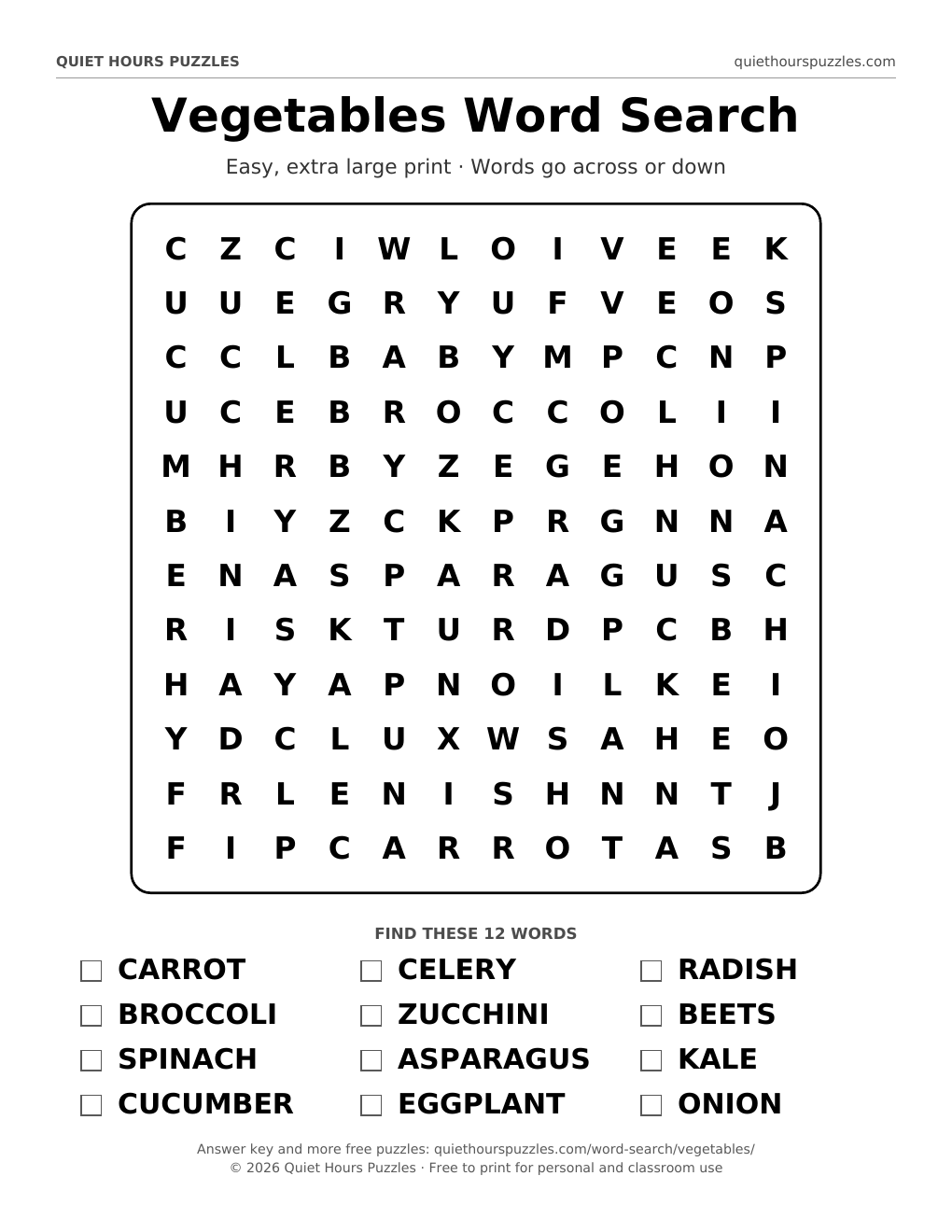 Preview of the easy vegetables word search page