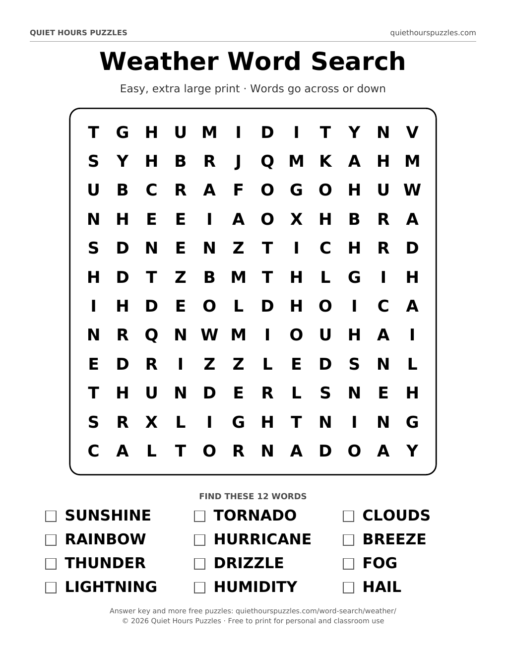 Preview of the easy weather word search page
