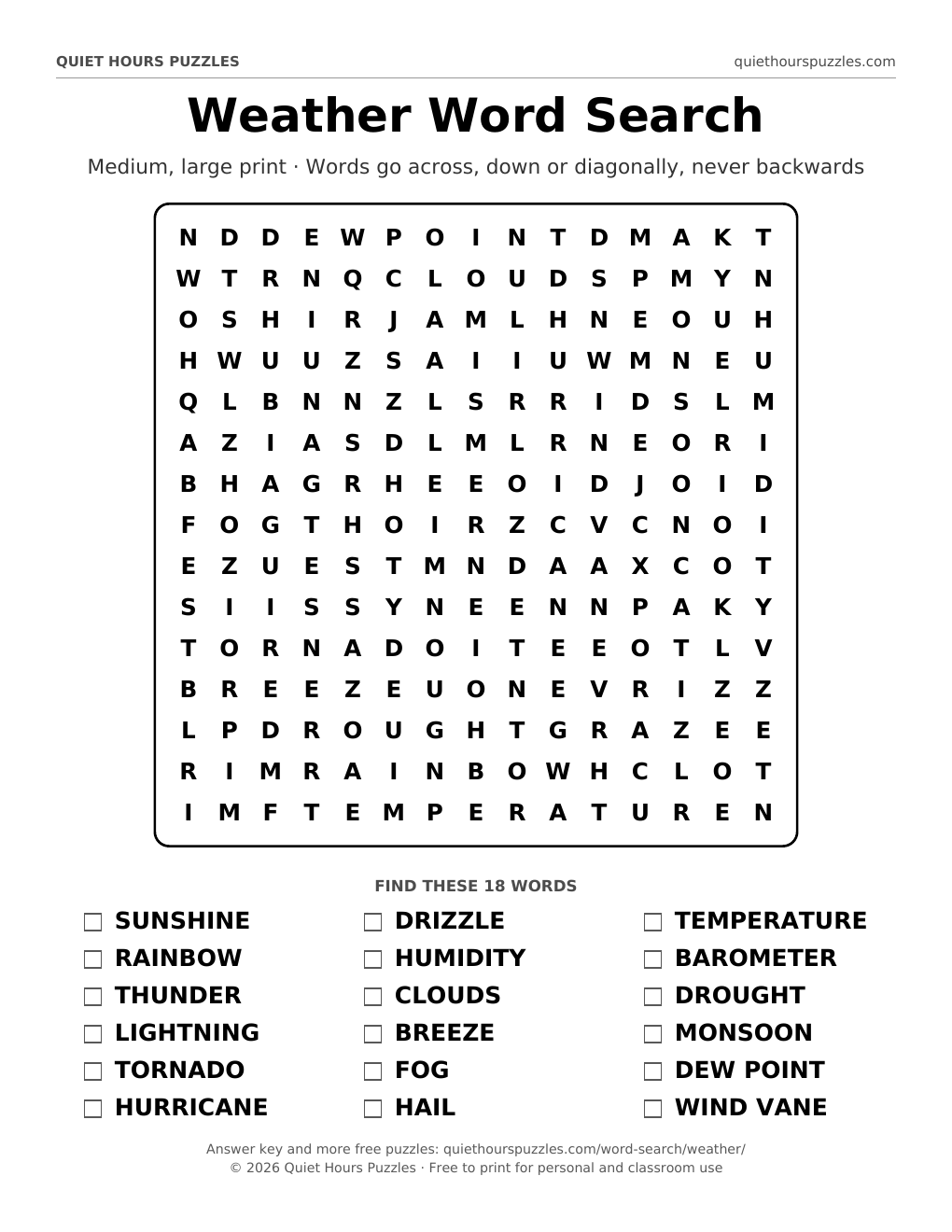 Preview of the medium weather word search page