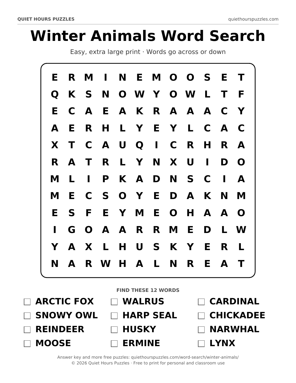 Preview of the easy winter animals word search page